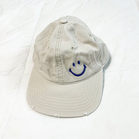 NWOT Aerie Smiley Face Embroidered Baseball Cap Adjustable Strap O/S Beige Blue - Picture 1 of 4